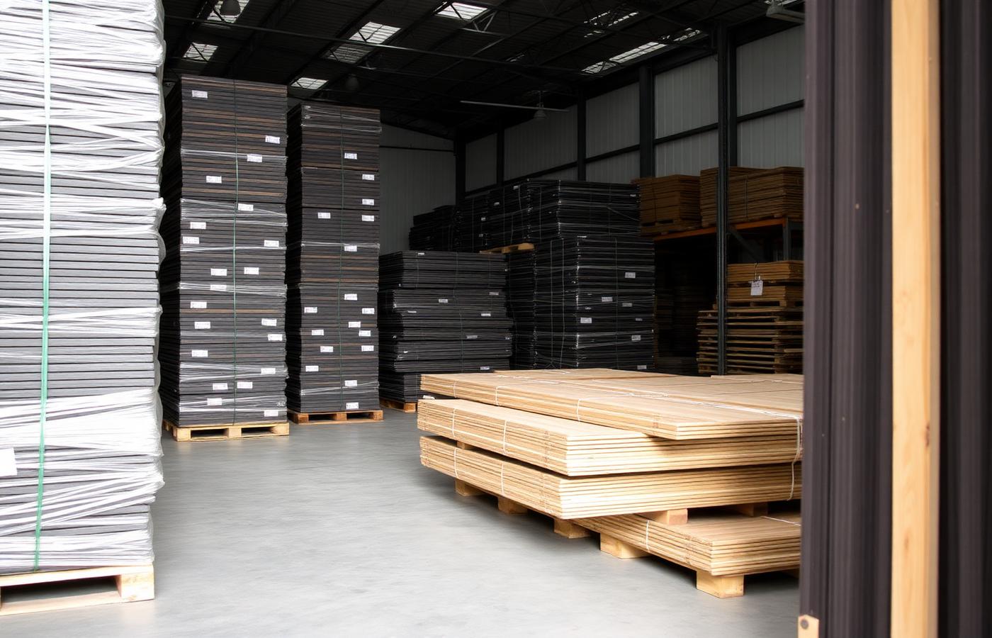 Palletised composite cladding boards stacked in a warehouse